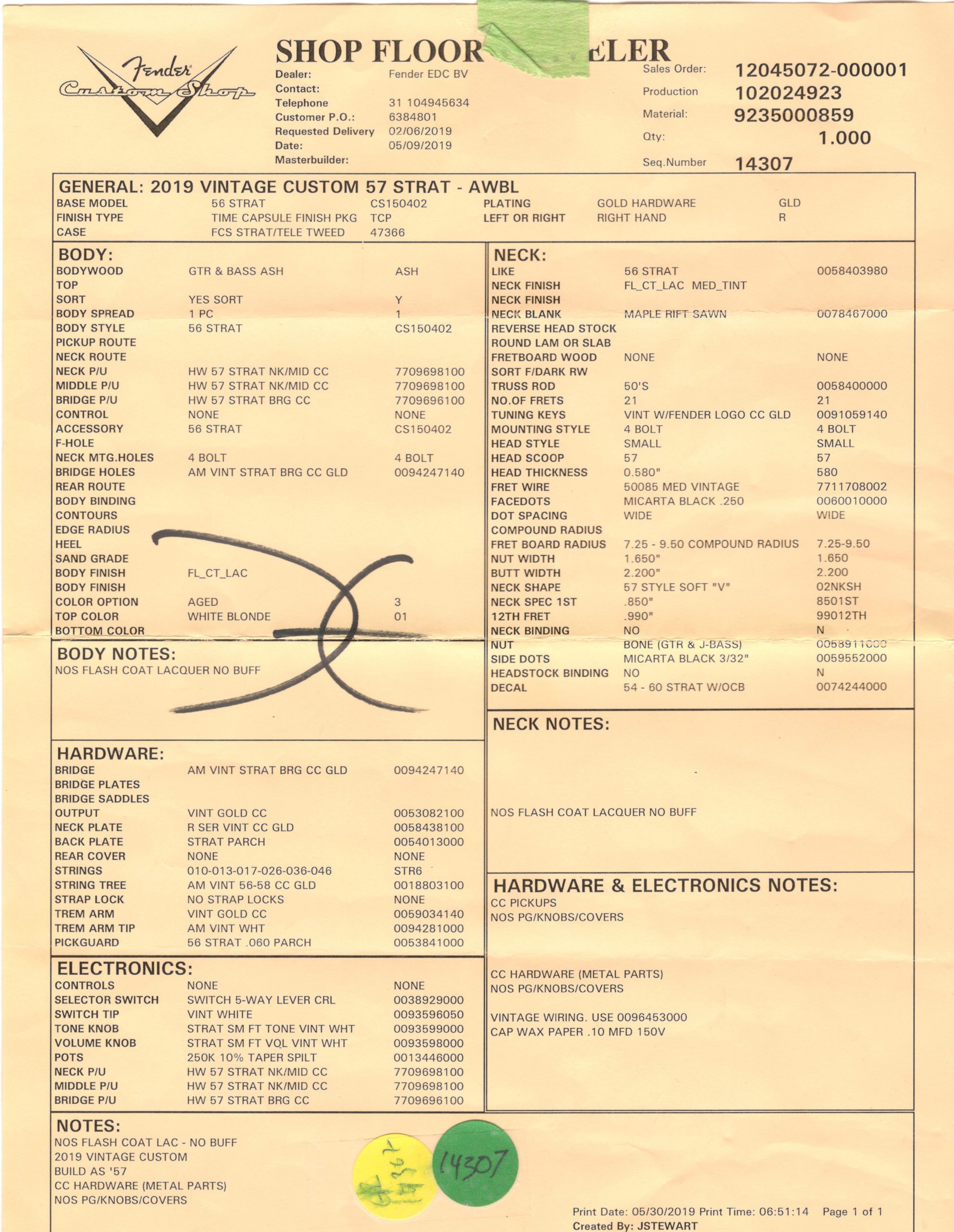 FENDER CUSTOM SHOP 2019 VINTAGE CUSTOM 57 STRAT AGED WHITE BLONDE