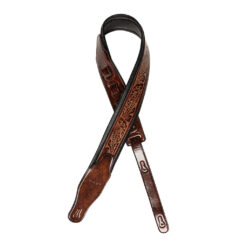 STAGG DARK BROWN PADDED DISTRESSED LEATHERETTE GUITAR STRAP WITH PRESSED FLOWER PATTERN